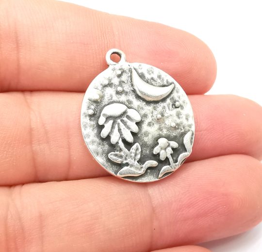 Flower Leaf Charms Crescent Moon Hammered Disc Night Sky Charms Antique Silver Plated (28x24mm) G28724