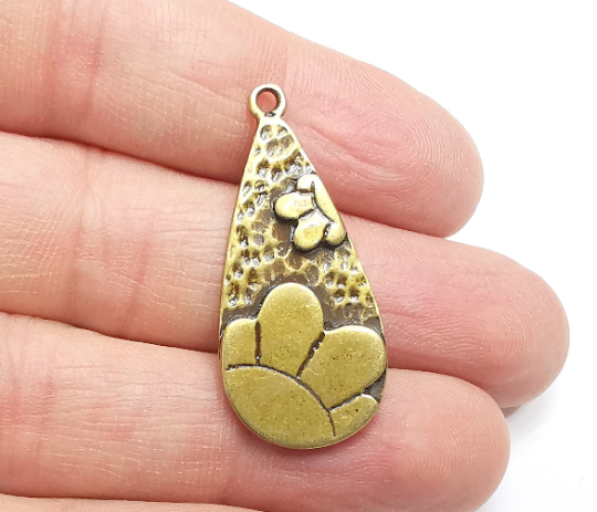 Drop Flower Dangle Charms, Antique Bronze Plated Charms (38x17mm) G29511