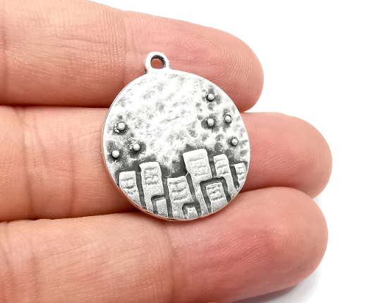 City Skyscrapers Charms Hammered Pendant Antique Silver Plated (27x24mm) G28491