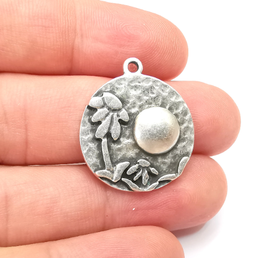 Flower Leaf Charms Moon Hammered Disc Charms Antique Silver Plated (28x24mm) G28720