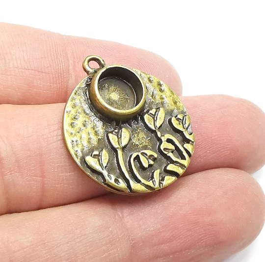 Flower Garden Charms Blank Resin Bezel Mounting Cabochon Base Setting Antique Bronze Plated (8mm Blank) G29392