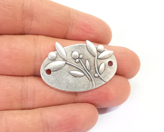 4 Flowers Leaves Plant charms connector Antique silver plated charms (38x24mm) G24420