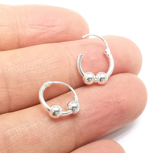 Solid Sterling Silver Earring Hoop Wire with two Ball Bead, Piercing, 925 Silver Earring Hoop Findings (12mm) 1 pair G30406