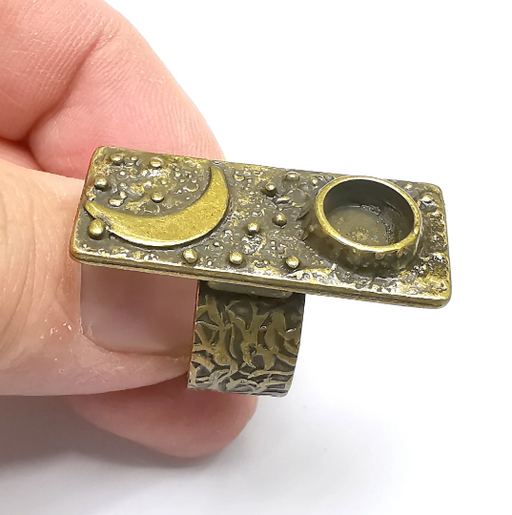 Sky Crescent Moon Ring Blank Setting, Cabochon Mounting, Adjustable Resin Ring Base, Antique Bronze Inlay Mosaic Ring Bezel (8mm) G29658