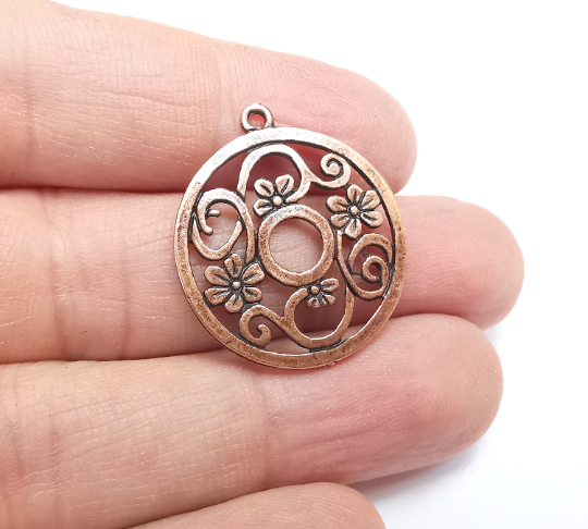 Flowers Branch Round Charms Pendant Antique Copper Plated Charms (29x25mm) G29808