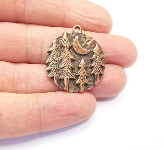 Forest Landscape Pine Tree Crescent Moon Round Charms Pendant Antique Copper Plated Charms (31x28mm) G28008