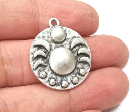 Crescent Moon Charms The Phases of The Moon, Round Hammered Ethnic Antique Silver Plated (29x25mm) G28299