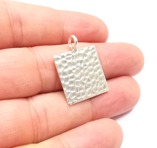 Hammered Square Pendant (20x20mm) Antique Silver Plated Brass G28449