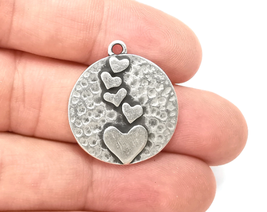 Hearts Charms Antique Silver Plated Hammered Charms (28x25mm) G28468