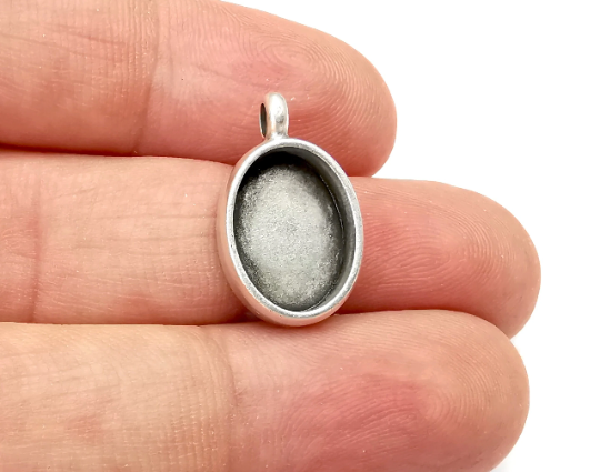 Oval Pendant Blanks Resin Bezel Base Mosaic Mountings Antique Silver Plated (14x10mm Blank Size) G28229