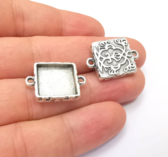 Unique Square Pendant Bezel, Resin Blank, inlay Mounting, Mosaic Frame Cabochon Base Dry Flower Setting, Antique Silver Plated (15mm) G28721
