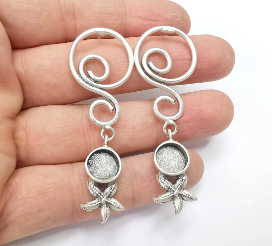 Earring Blank Bezel Antique Silver Plated Brass Earring Set Base (10mm blank) G29325