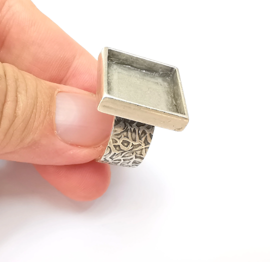 Square Antique Silver Ring Blank Setting, Cabochon Mounting, Adjustable Resin Ring Base Bezel, Inlay Ring Mosaic Ring Bezel (18x18mm) G28722