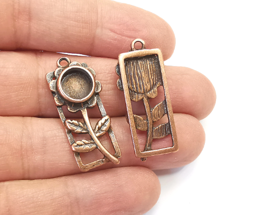 Flower Leaf Charms Blank Resin Bezel Mosaic Mountings Cabochon Setting Antique Copper Plated Charms (35x14mm)(8mm Blank) G28022