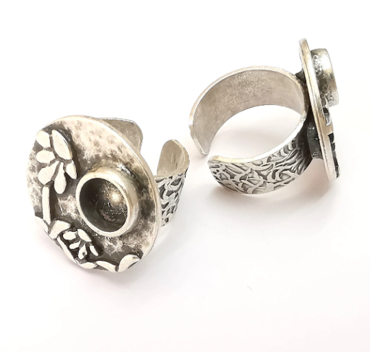 Flower Ring Blank Setting, Cabochon Mounting, Adjustable Resin Ring Base Bezels, Antique Silver Inlay Ring Mosaic Ring Bezel (8mm) G28723