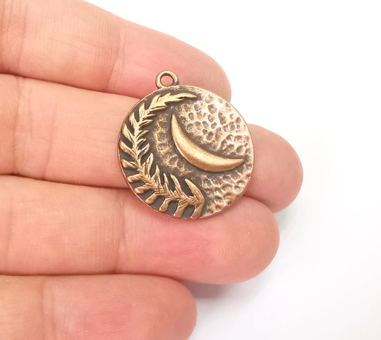 Crescent and Fern Leaf Charms Hammered Disc Pendant Antique Copper Plated (28x24mm) G28280