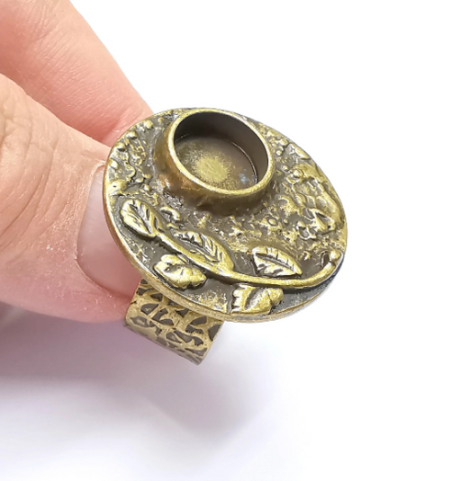 Flower Ring Blank Setting, Cabochon Mounting, Adjustable Resin Ring Base, Inlay Ring Blank Mosaic Bezels Antique Bronze Plated (10mm) G29322