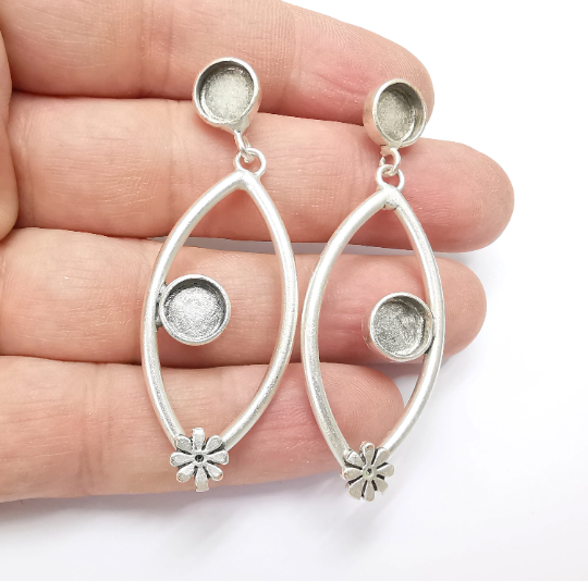 Earring Blank Bezel Antique Silver Plated Brass Earring Set Base (8mm blank) G24904