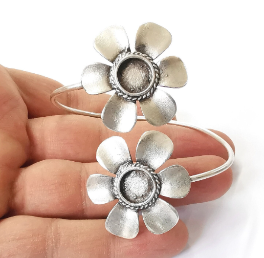 Flowers bracelet brass cuff blank bezel Glass cabochon base Adjustable antique silver(10mm ) G24451