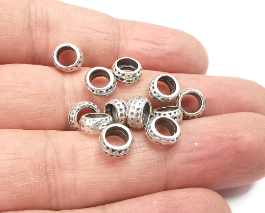 10 Ribbed Rondelle Beads Antique Silver Plated Metal Beads (7mm) G29535